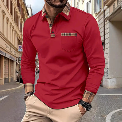 New  men's casual spring and fall fashion plaid lapel long sleeve pocket comfortable party outdoor top polo shirt