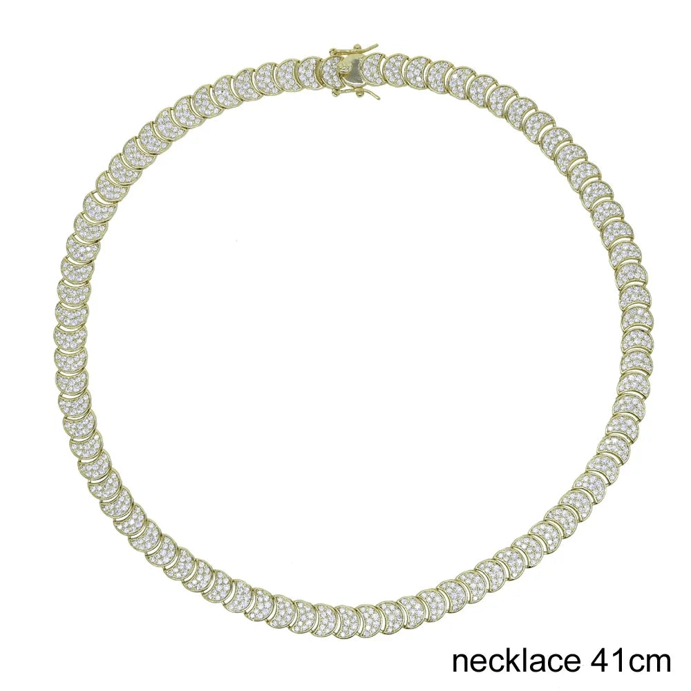 Gold Color Fashion Women Jewelry Set Geometric Shiny Plain Paved 5A CZ Moon Shaped Chain Choker Necklace Bracelet