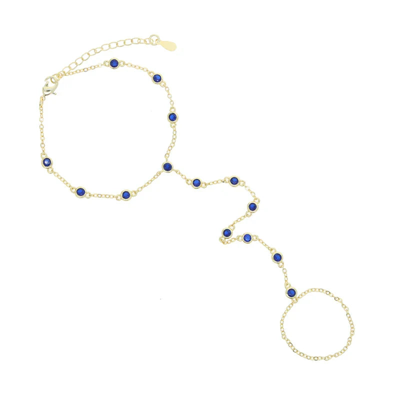 2023 Summer Jewelry Pendant Link Chain Ring Bracelet for Women White Green Blue Stone CZ Gold Plated Adjust Bracelet Accessories