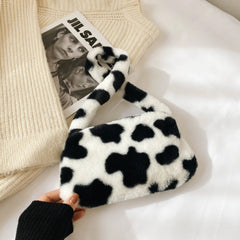 1Pc Fashion Women Cow Print Mini Shoulder Bag Women Winter Plush Armpit Bag