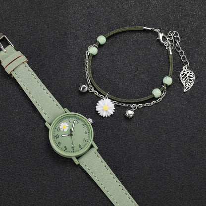 2PCS/Set Fashion Flower Women's Watch Casual Arabic Dial Leather Band Quartz Watches Bracelet Set