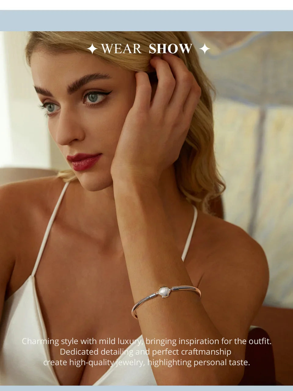 BAMOER Genuine 925 Sterling Silver Charm Glossy Bracelet Heart/Shell Clasp Basic Bangle Star Spacer Beads for Women DIY Jewelry