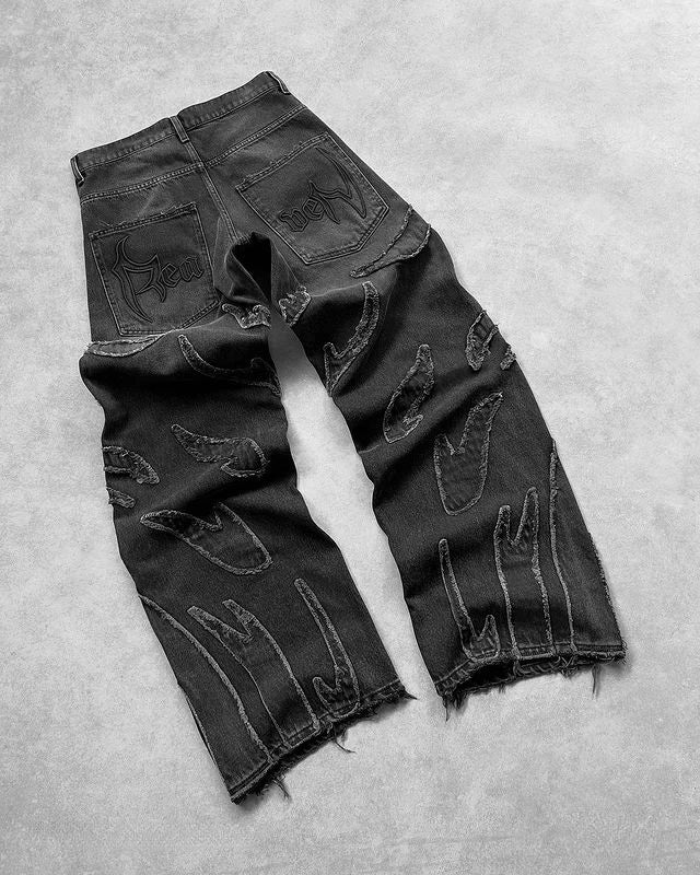 Baggy Jeans for Men Y2k Hip Hop Distressed Retro Black Pants  Oversized Embroidery