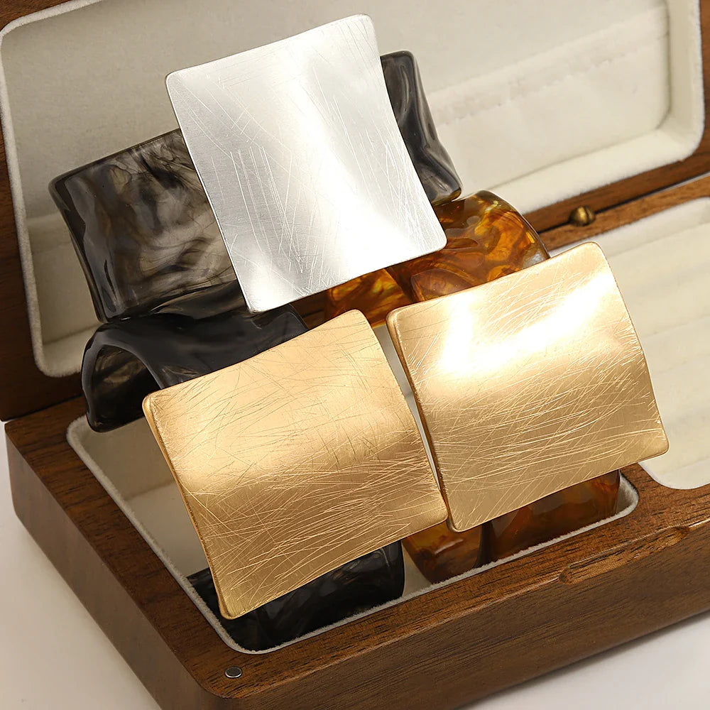 Greatera Metal Brushed Exaggeration Personality Geometric Drawn Square Convex Circular Opening Bracelet Transparent Cuff Bangle