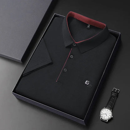 New Men's Business Casual Short Sleeved Shirt with Badge Solid Color Polo Shirt Fashionable Breathable Comfortable Versatile Top