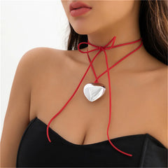 Metal Heart Pink Red flannelette Chain Necklace Knitted Bowknot Choker Neck Tie Love