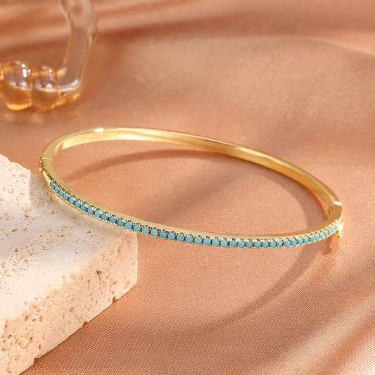Yupsk 1Pcs Gypsophila Turquoise Zircon Thin Bracelet for Women Minimalist Fashion Shiny CZ Bangle Wedding Party Jewelry Gift