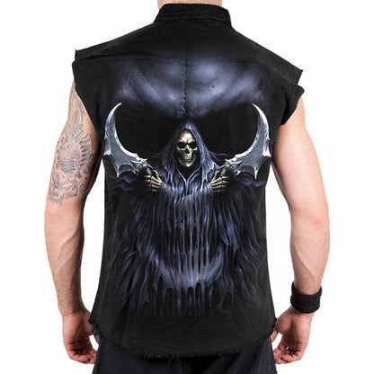 Men's Denim Blouse Retro 3D Skull Graphic Print Sleeveless Shirt Fashion Pocket