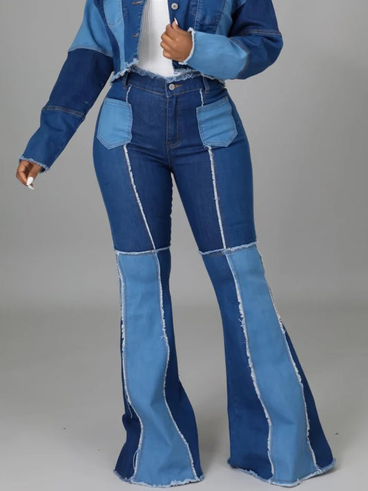 Women Plus Size Splice Jeans Flare Pant High Waist Patchwork Y2K Streetwear
