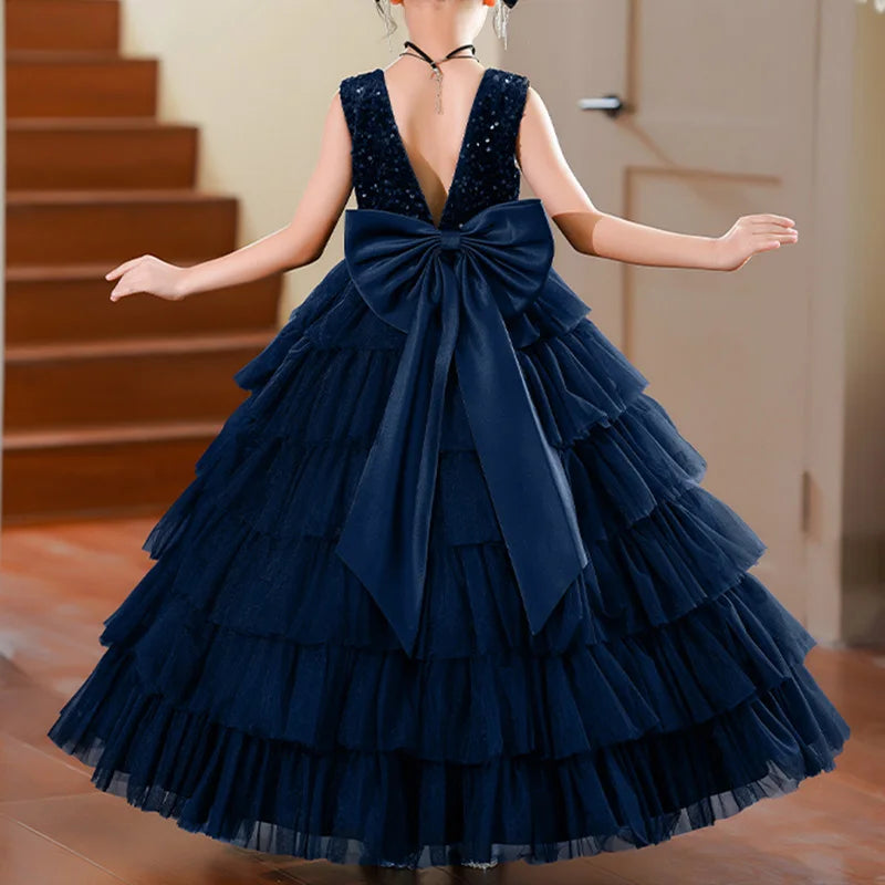 Elegant Girls Dresses Formal Princess Gowns Children Sparkly Sequins Evening Long Dresses For Birthday Party Performance