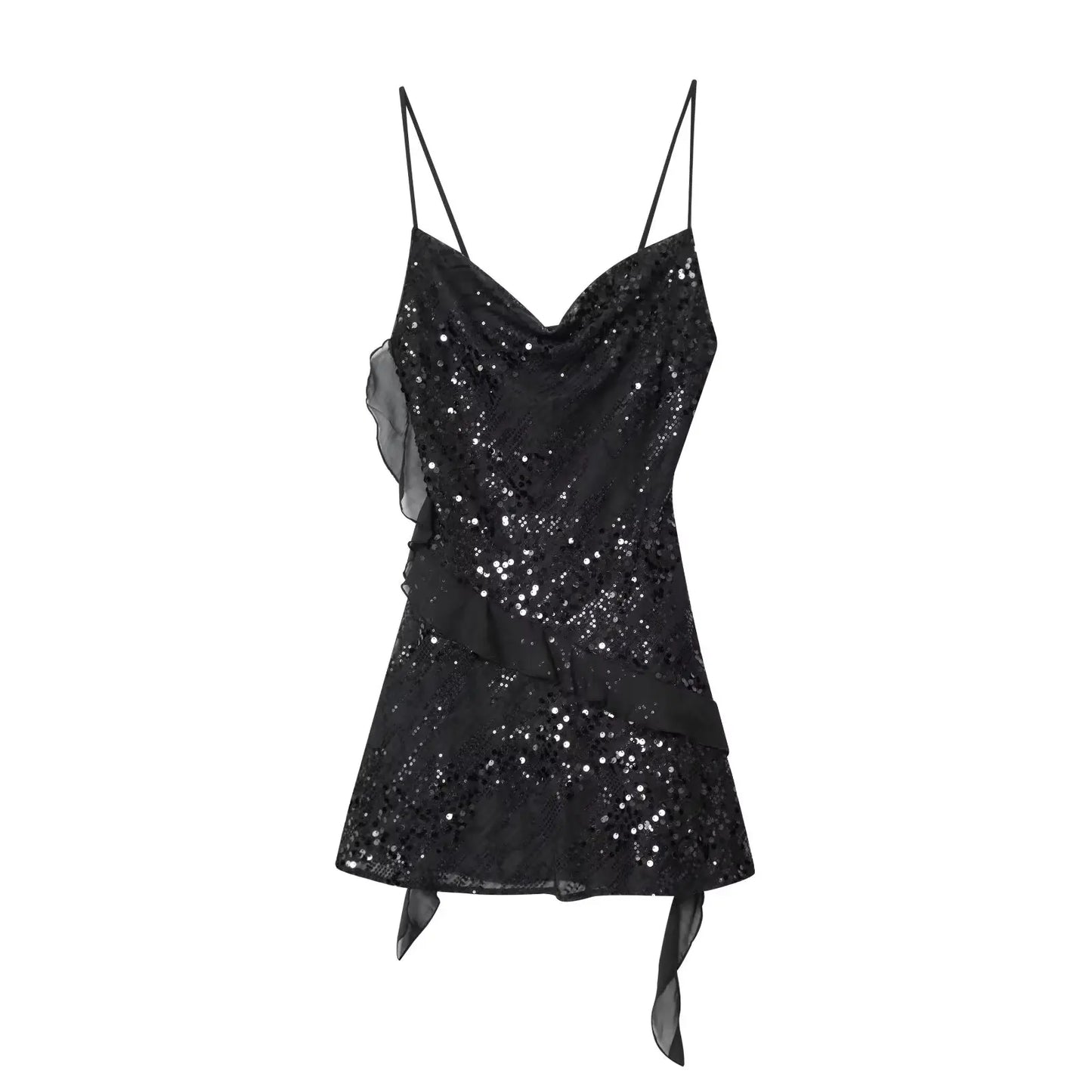 KONDALA Sexy Chic Women Dress Solid Cami Backless Sequined Tierred Mini Short Dress Fashion 2025 Fall Evening Club Party Dress