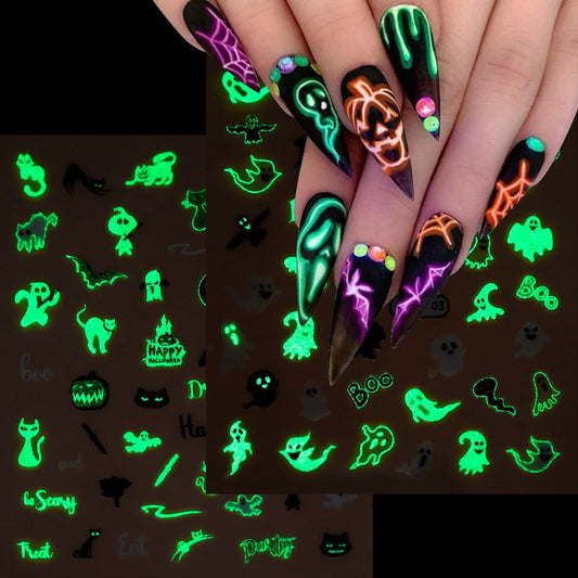 1PCS Glow In The Dark Halloween Nail Art Sticker Luminous 3D Adhesive Slider Spider