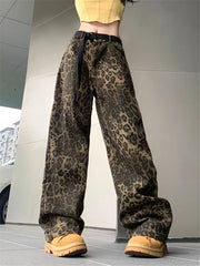 Women Fashion High Street Wide Leg Punk Leopard Jeans Streetwear Vintage Denim Pants