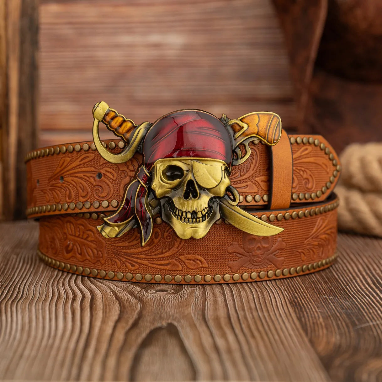 Oil-dripping Pirate Blindfolded skull buckle, retro and fashionable skull PU embossed rivet belt, unisex belt