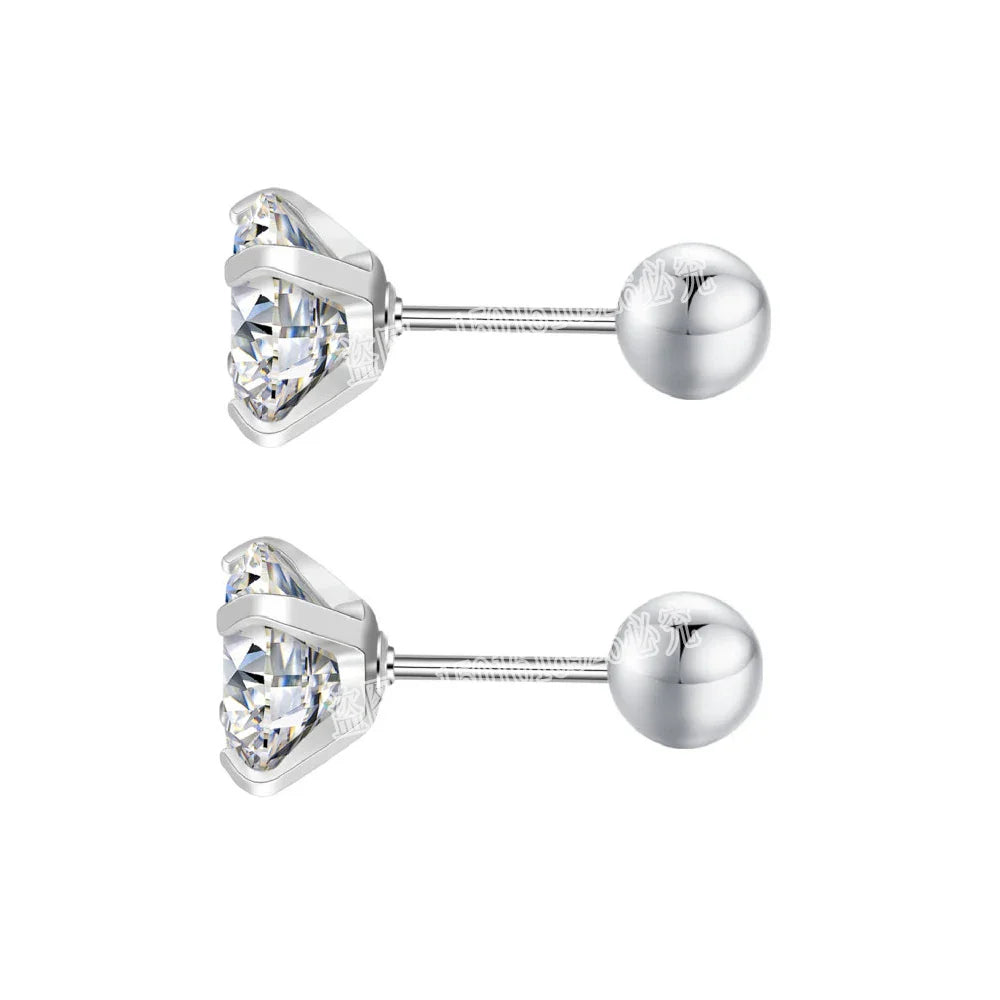 Stainless Steel 5 Style CZ Zircon Silver Color Earrings For Women Men Crystal Screw Titanium Alloy Ear Studs Round Beads Jewelry