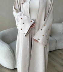 Linen Abaya for Ramadan 2024 Moon Heart Design Open Cardigan with Bat Sleeves Muslim Islamic Clothing for Women without Hijab