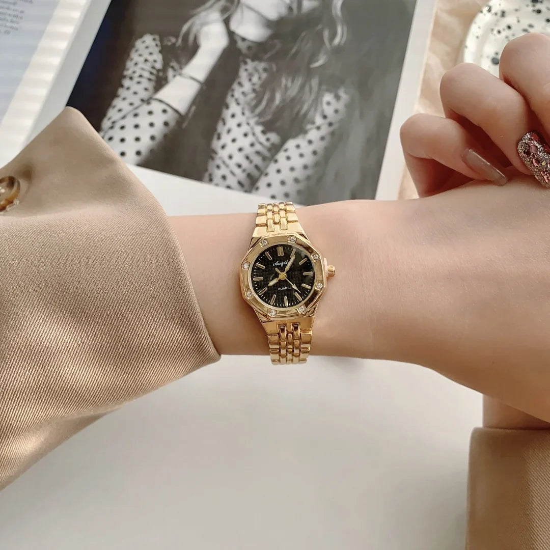 Women's Fashion Round Room Gold Steel Band Quartz Wristwatch Luxury Ladies Golden Watch for Women Clock Female Reloj