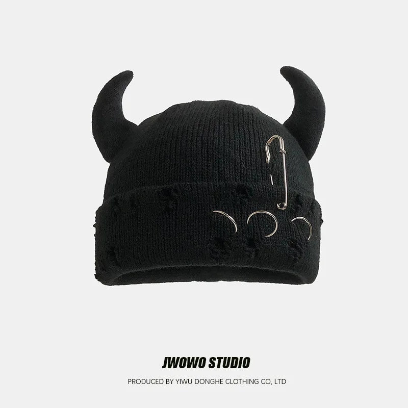 Unisex Knitted Beanie With Devil Horns Halloween Distressed Skull Cap Hip Hop Winter Warm Yarn Hat For Men Women