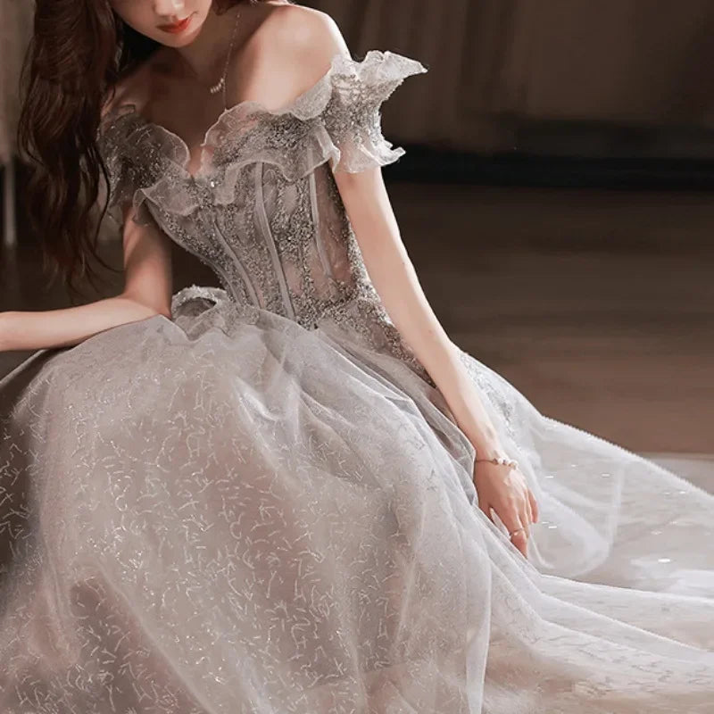 Homecoming Dresses: Gray Evening Dress Off Shoulder Shiny Sequin Lace A-line
