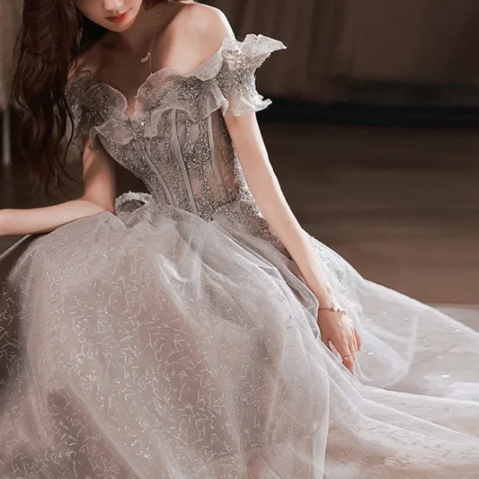 Homecoming Dresses: Gray Evening Dress Off Shoulder Shiny Sequin Lace A-line