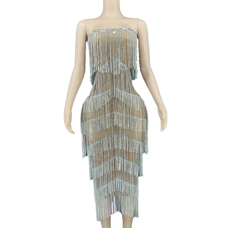 Evening Dresses: Women Silver Fringes Dress Evening Prom Party Birthday