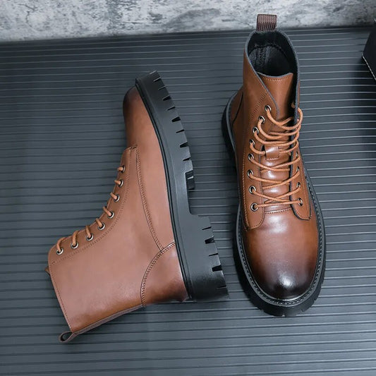 Men High Top Leather Shoes Fashion Ankle Military Boots Male Tactical Thick Soled Booties