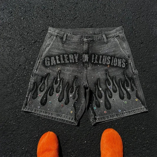 Y2K Denim Shorts Vintage Flame Pattern Rhinestone Decoration High Waist Denim Shorts Harajuku Hip Hop Men NEW fashion Streetwear