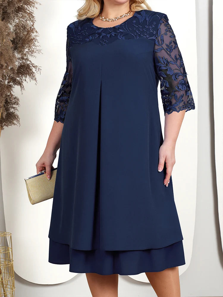 O-Neck Solid Color Long-Sleeved Dress Hollow Lace Fashion Casual Embroidery Chiffon Splicing Plus Size Women's Half Sleeve Dress