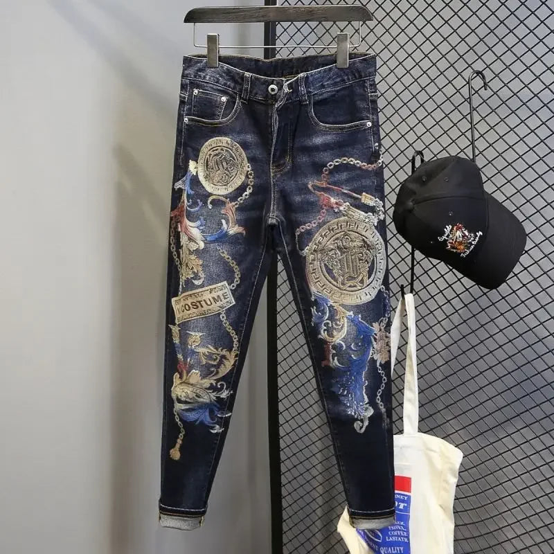Tapered Graphic Jeans for Men with Print Hip Hop Motorcycle Mens Cowboy Pants