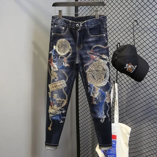 Tapered Graphic Jeans for Men with Print Hip Hop Motorcycle Mens Cowboy Pants