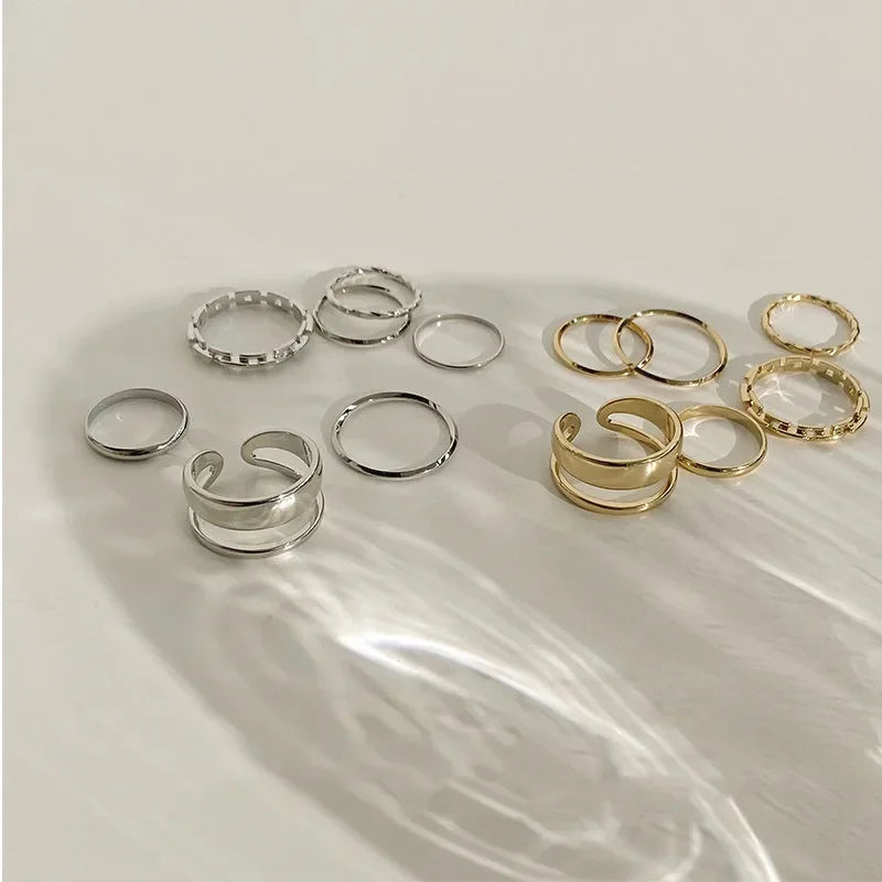 7pcs Fashion Jewelry Rings Set Metal Hollow Round Opening Women