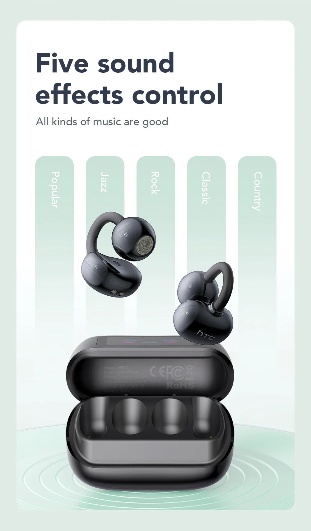 【HTC NE54】 Bluetooth V6.0 Earphones AI Translator LCD Screen Earbuds OWS Ear Clip Headphones Wireless Headphones Noise Reduction