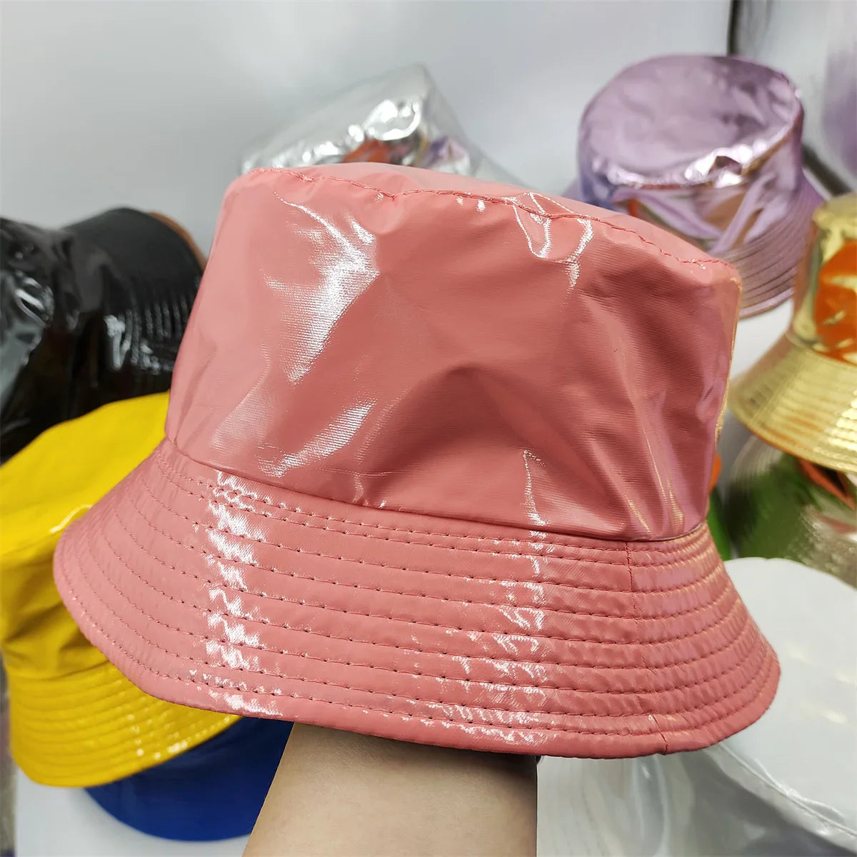 Colorful Shiny Leather Two Sided Fisherman Hat Women's and Men's Hip Hop Summer Sunshade Hat Foldable Bucket Hat