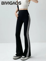 Striped Black Micro Flared Shark Pants Women High Waist Slim Sport Pocket