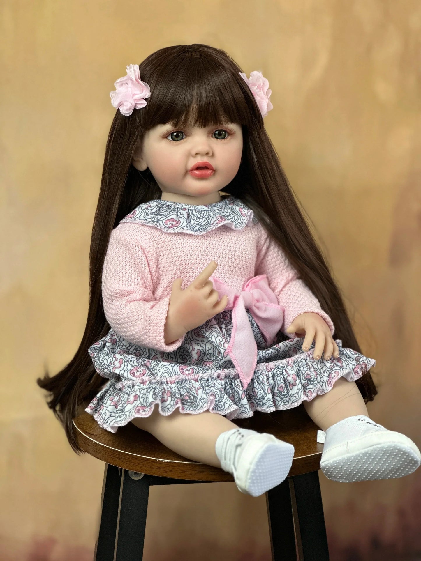 BZDOLL 55cm 22inch Lifelike Reborn Baby Girl Doll Soft Silicone Long Brown Hair Realistic Princess Toddler Bebe Birthday Gift