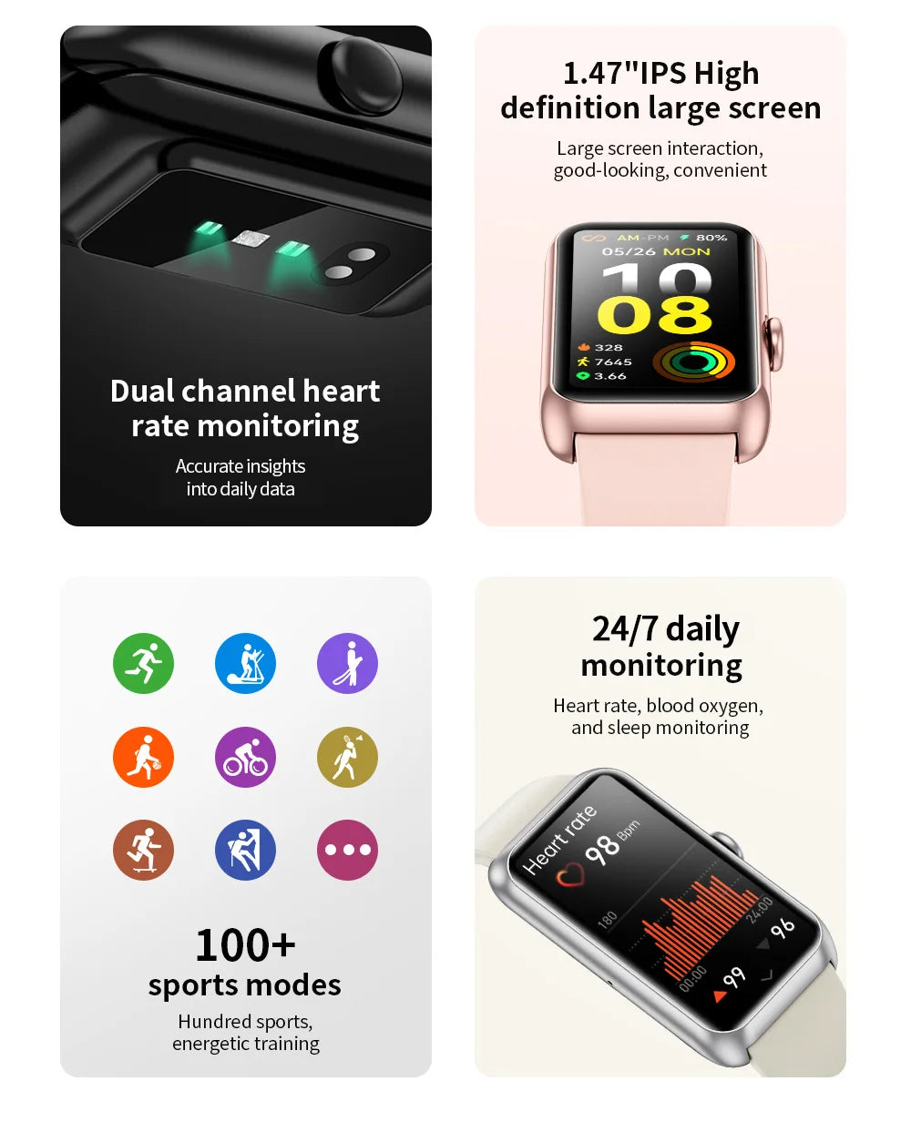LIGE New Sport Fitness Tracker Smart Bracelet Heart Rate Blood Oxygen Monitor Call Reminder 1.47" Smartwatch Band For Men Women