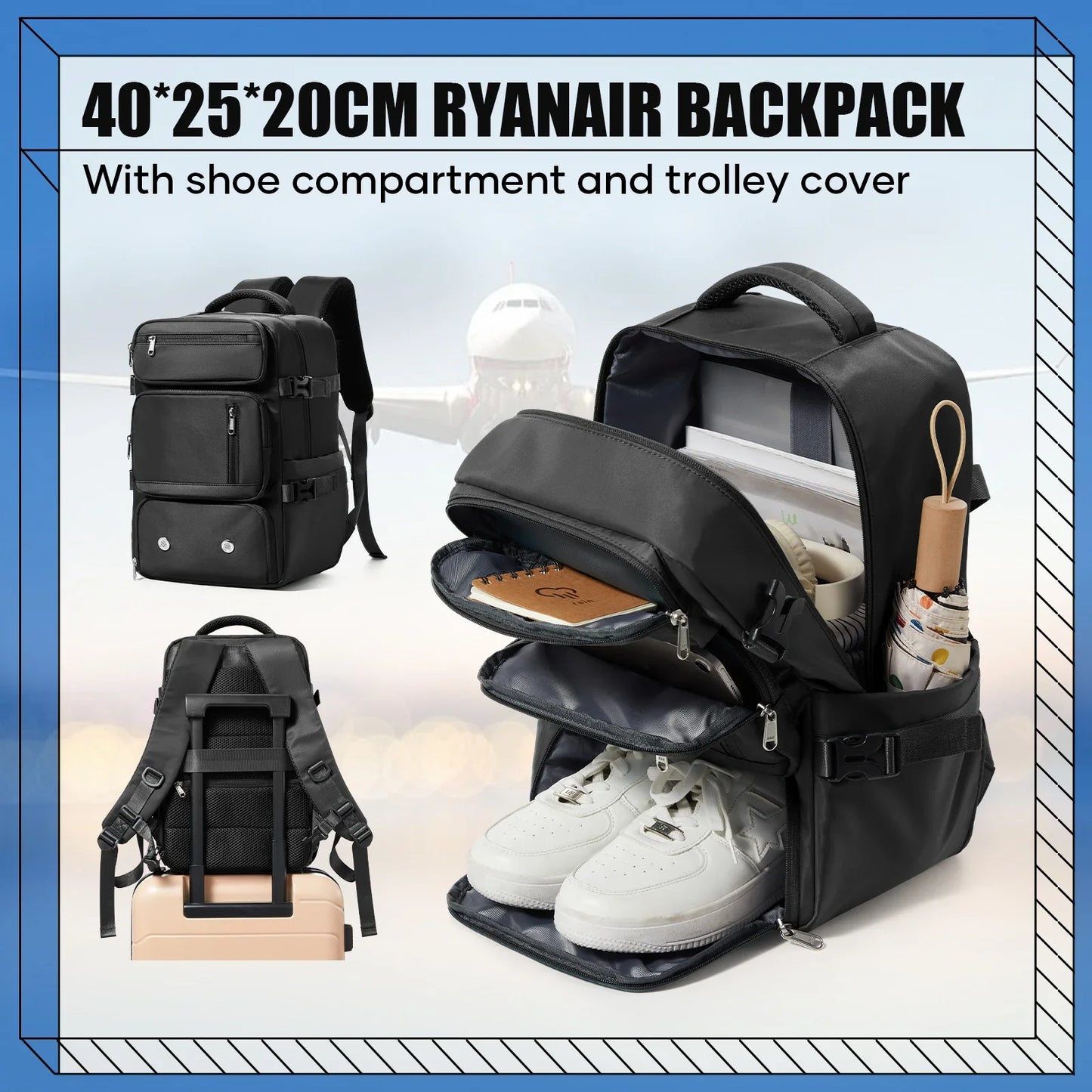 Travel Backpack Airplane Cabin Bag Ryanair Backpack 40x20x25 Luggage Laptop Bag Anti-Theft Men Women's Bag for Sports Trekking