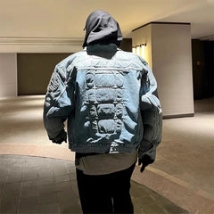 Retro Cargo Denim Jacket Man Gothic Turtle Shell Pattern Hip Hop Bomber Jackets