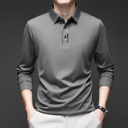 New Men's Business Casual Long Sleeved Shirt with Badge Solid Color Polo Shirt Fashionable Breathable Comfortable Versatile Top