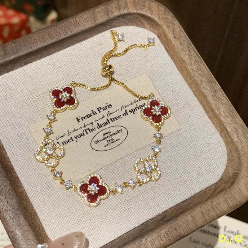 DGTQYQ Cherry Blossom Pink Mother of Pearl Clover Bracelet, Inlaid with Micro Zirconia, Hollowed Out Design Color Lucky Bracelet