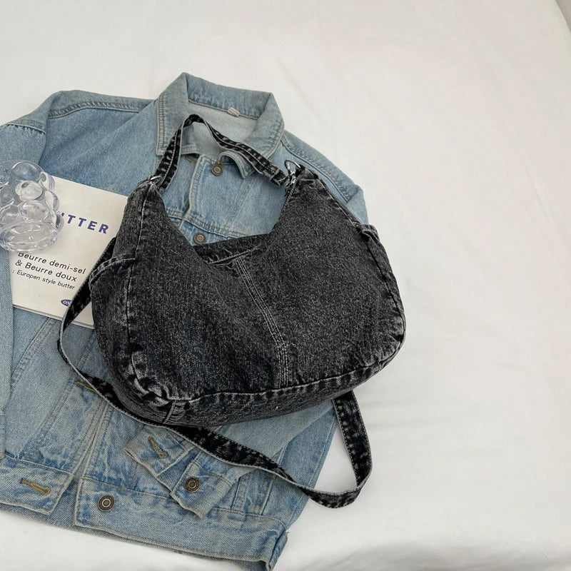 Women's minimalist and fashionable casual denim shoulder bag, zippered shopping bag