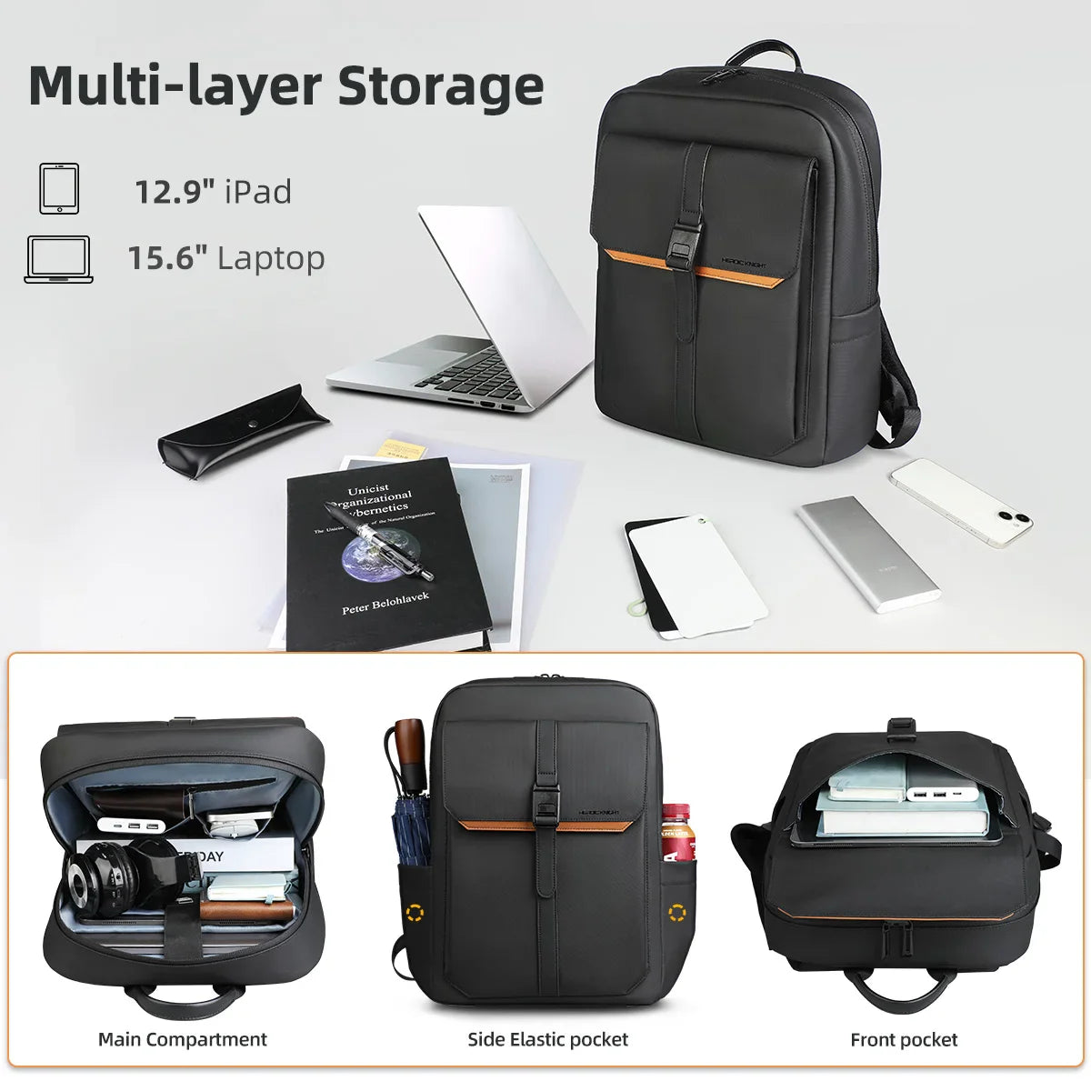 HK Stylish Business Backpack for Men Waterproof 15.6 inch Flap Laptop Backpack Multiple Pockets Casual Daypack for Work School