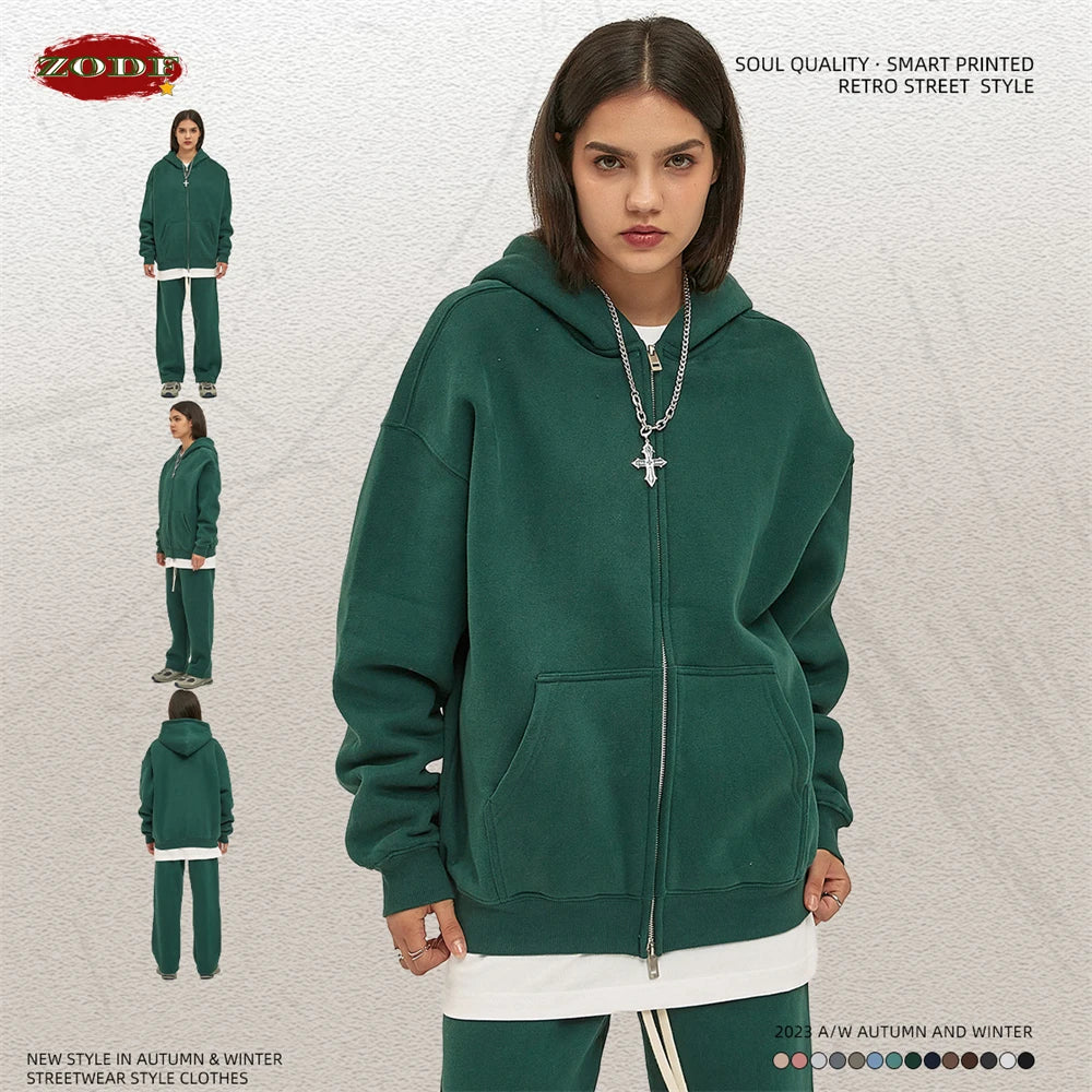 Men Double Headed Zipper Fleece Hoodies Unisex Loose Basic Solid Warm Hooded