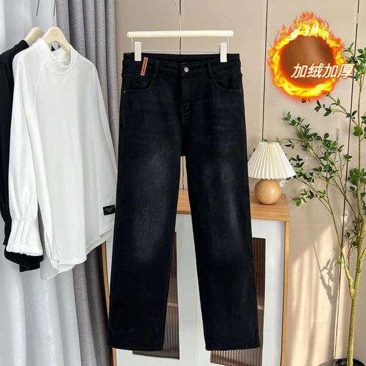 Autumn And Winter 100KG Fleece-lined Denim Full Length Pants Plus Size Women's