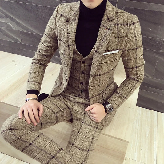 Men's Slim Fit Plaid Three-Piece Suit Set - Cotton Blazer, Vest, and Pants