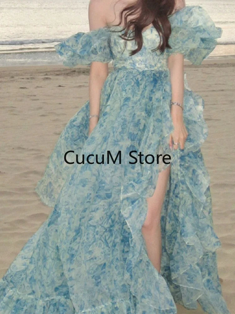 Evening wear Dresses: Short Puff Sleeve Khaki  Print Organza Women Dress