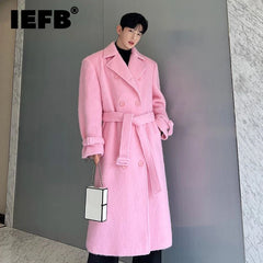 Korean Men Woolen Coat Casual Lapel Double Breasted Long Trench Solid Color Male