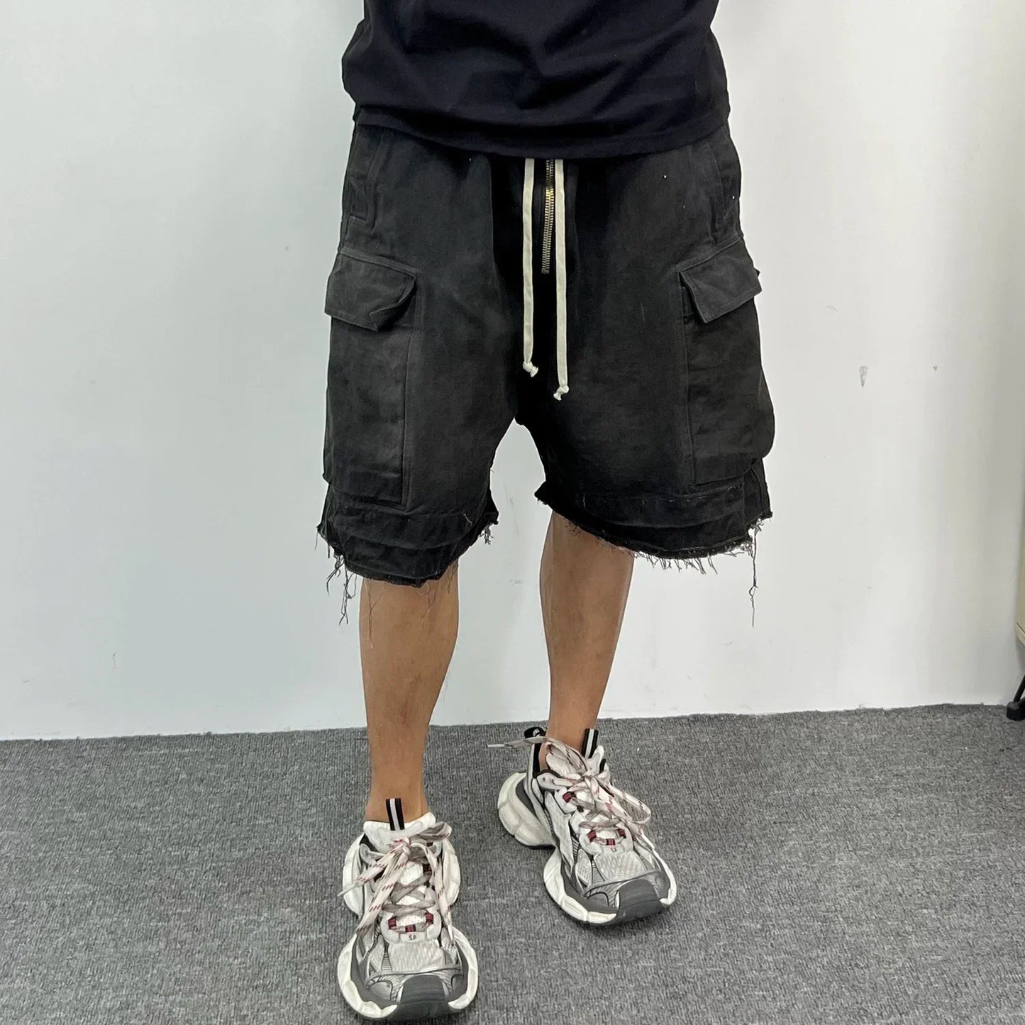 Gothic street jeans with multiple pockets men's shorts wide-legged loose nine-quarter pants knee-length pants loose casual pants