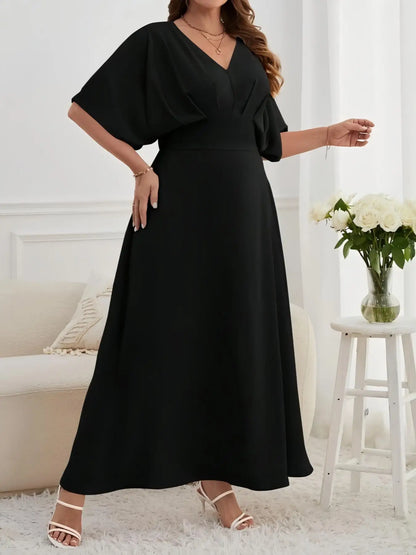 Elegant Oversize Maxi Dress Women Short Sleeve V-neck A-line Clothes Summer Plus Size Loose Lady Black Casual Dresses