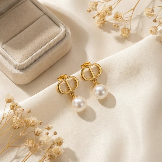 Chic Gold-Tone Double-Loop Pearl Drop Earrings for Women - Elegant Dangle Jewelry for Wedding, Office & Daily Wear | Hypoallerge